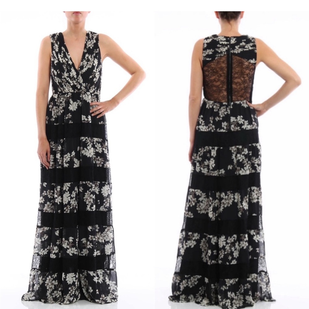 Alice+Olivia Elegant Black Floral Lace Maxi Dress